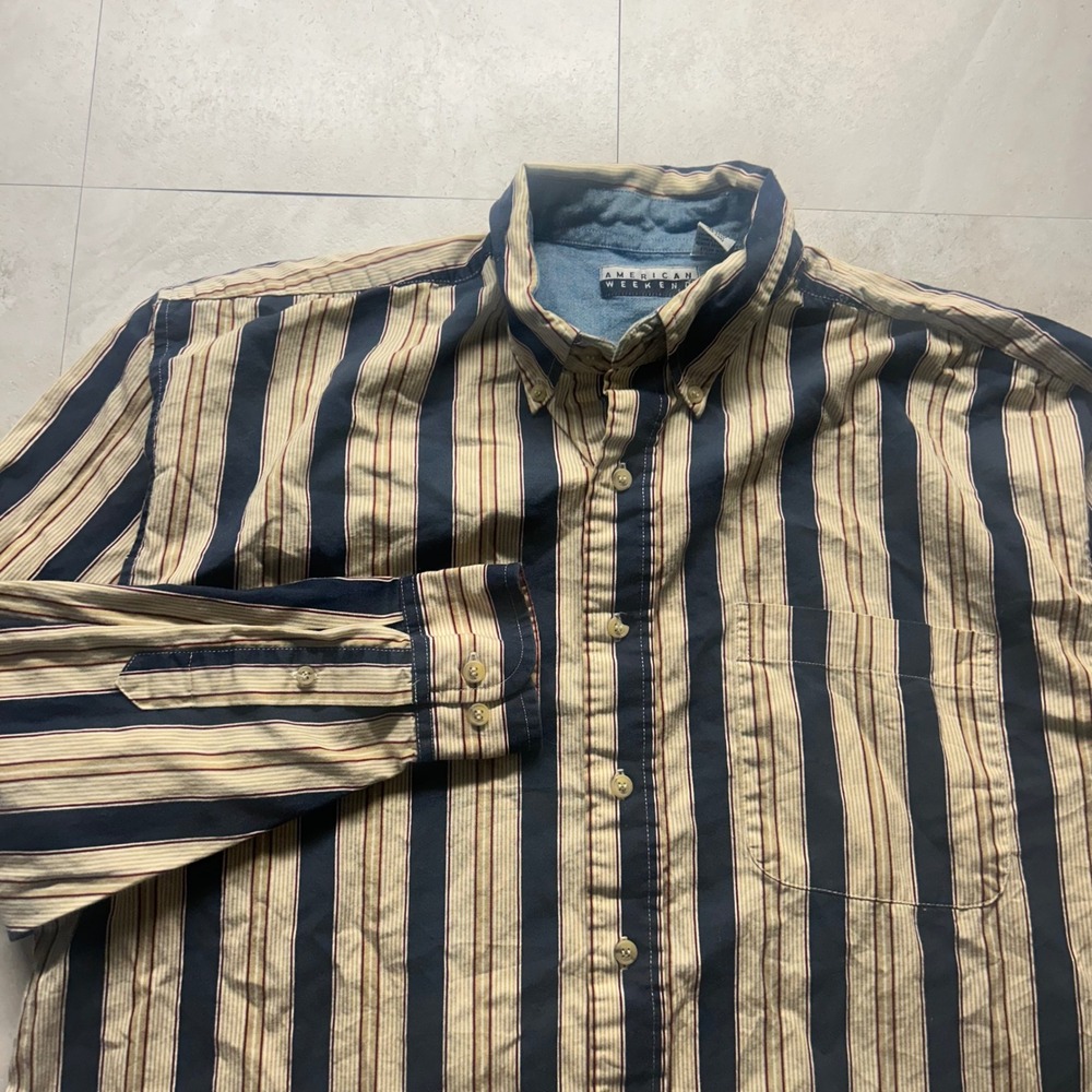 American Weekend Striped Button Down Shirt Navy Tan Mens Large Vtg 90s Cotton